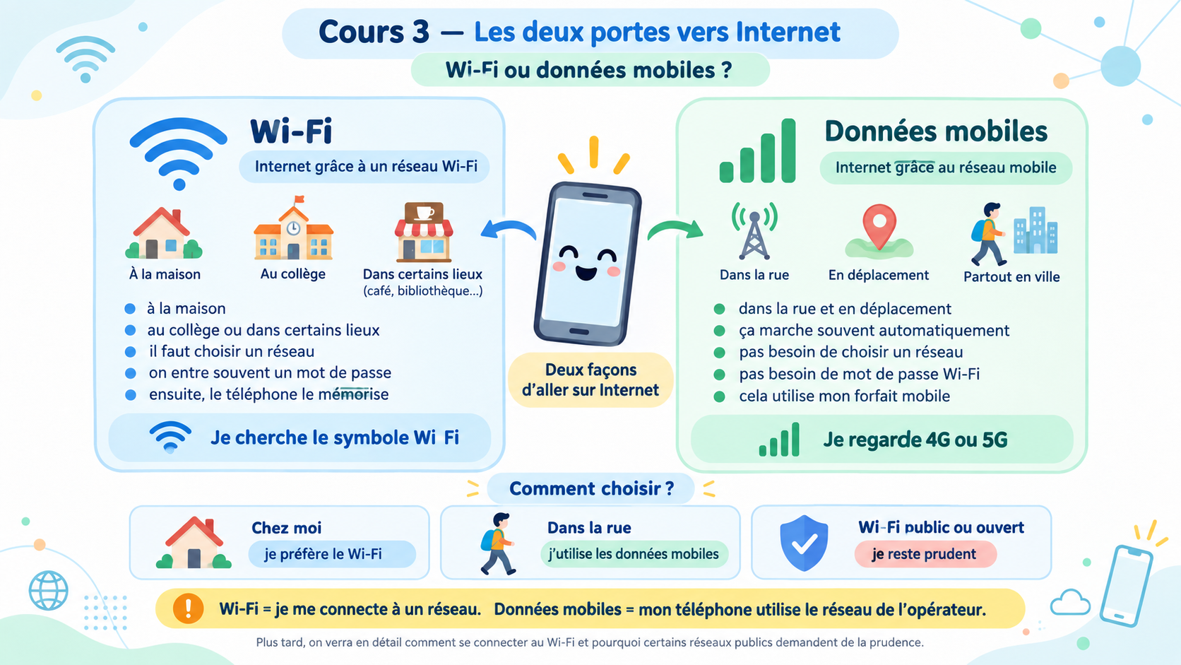 Smartphone entre une antenne mobile et une box Wi-Fi.